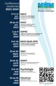 French poster for the 2023-2024 conference season. Dates of the conferences are associated with their conference names. At the bottom right, there is a QR code.