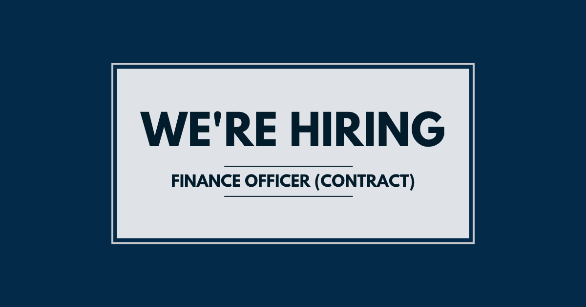Dark blue background wit a white box in the middle. Inside there's the words "We're hiring Finance Officer (Contract)"