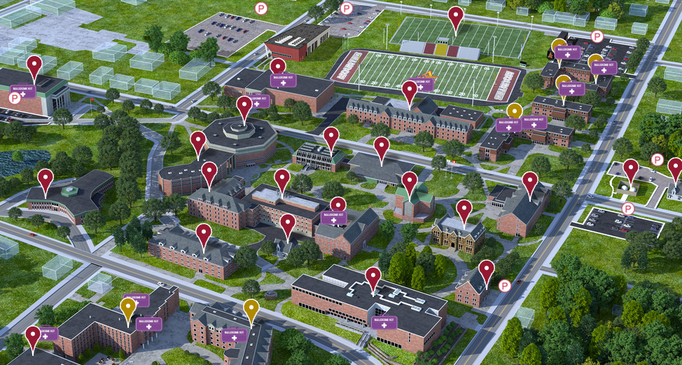 Isometric campus map showing academic buildings, roads, trees, and an athletic field, dotted with colorful location pins and information markers