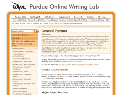 Screenshot of the Purdue Online Writing Lab APA Style Guide webpage. It features navigation links and sections detailing APA formatting rules.