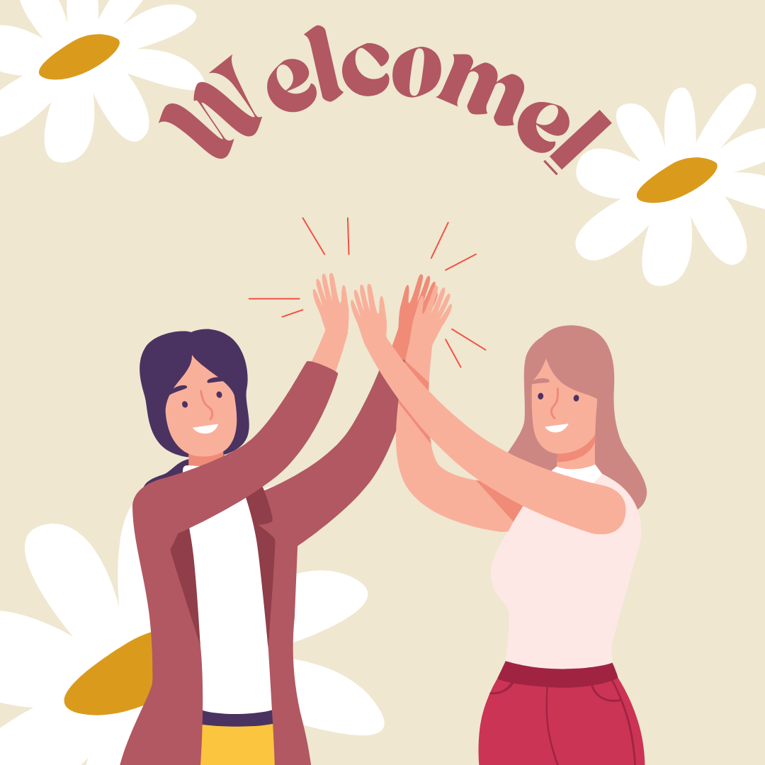 Title says "Welcome!". Below is an illustration of two people smiling and high fiving.