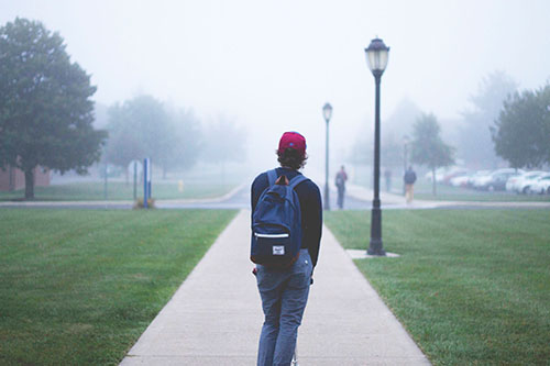 A person walks on a foggy pathway, wearing a backpack and red cap. Trees and lamp posts are visible, creating a serene, misty morning scene.