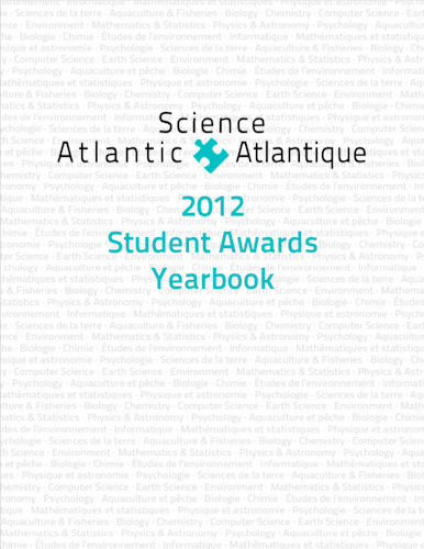 Science Atlantic's student awards yearbook cover for the year of 2012. The background is composed of several faded words associated with science departments. In the center there's the logo of Science Atlantic and the associated yearbook title.