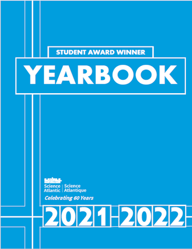 Science Atlantic's student awards yearbook cover for the year of 2021-2022. It depicts a blue cover with white text.
